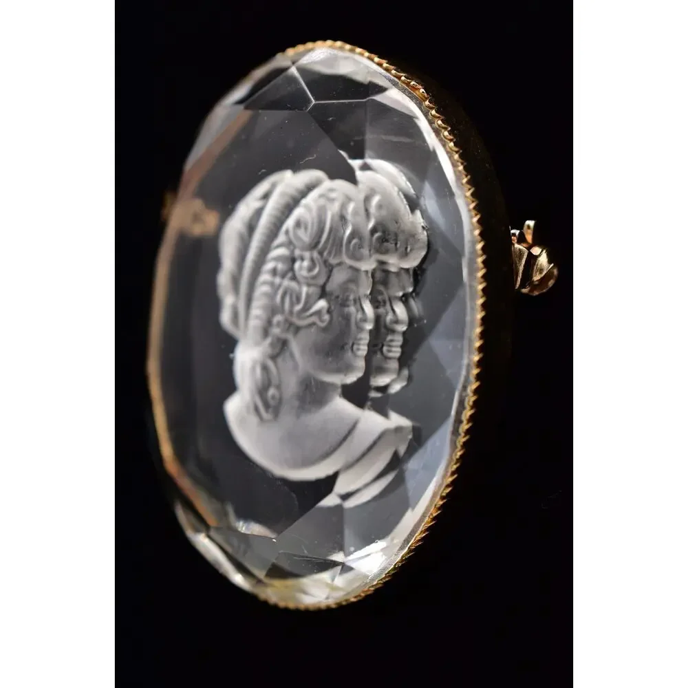 Vintage Intaglio Glass Cameo Brooch Reverse Carved Lady Portrait Gold 60s BinBI